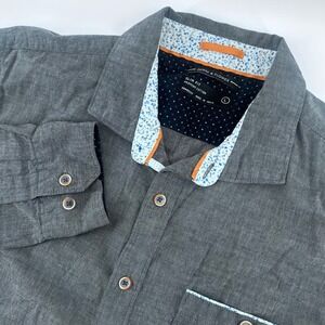 Denim & Flower Button Down Mens Large Gray Slim Fit Premium Cotton Floral Trim